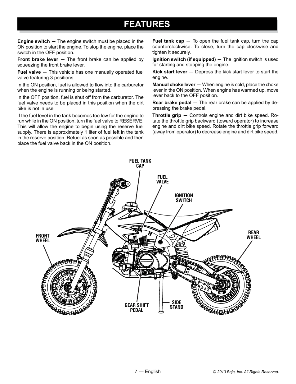 Features | Baja Motorsports DR70 Operator's Manual User Manual | Page 7 / 48