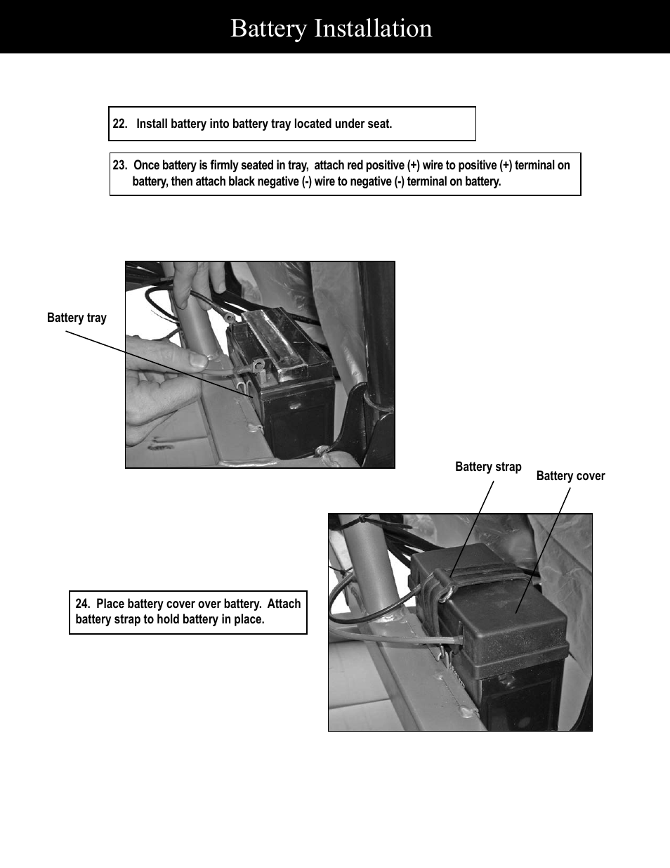 Battery installation | Baja Motorsports BR150-1 Assembly Guide User Manual | Page 17 / 18