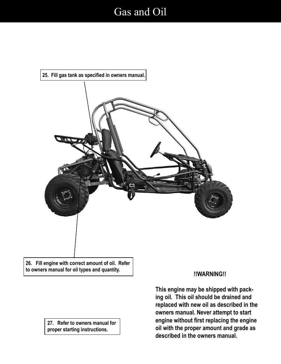 Gas and oil | Baja Motorsports BR150-1 Assembly Guide User Manual | Page 18 / 18