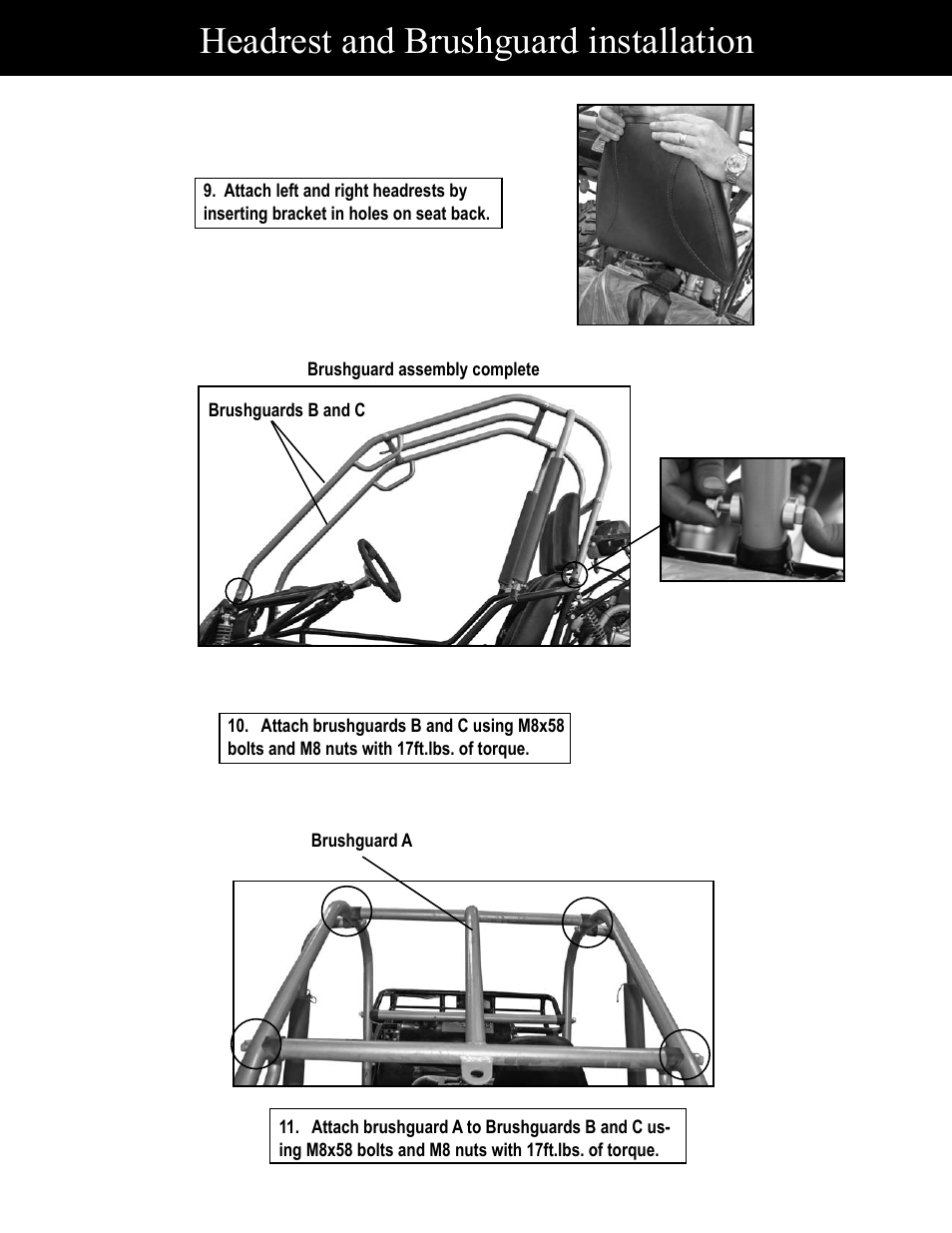 Headrest and brushguard installation | Baja Motorsports BR150-1 Assembly Guide User Manual | Page 9 / 18