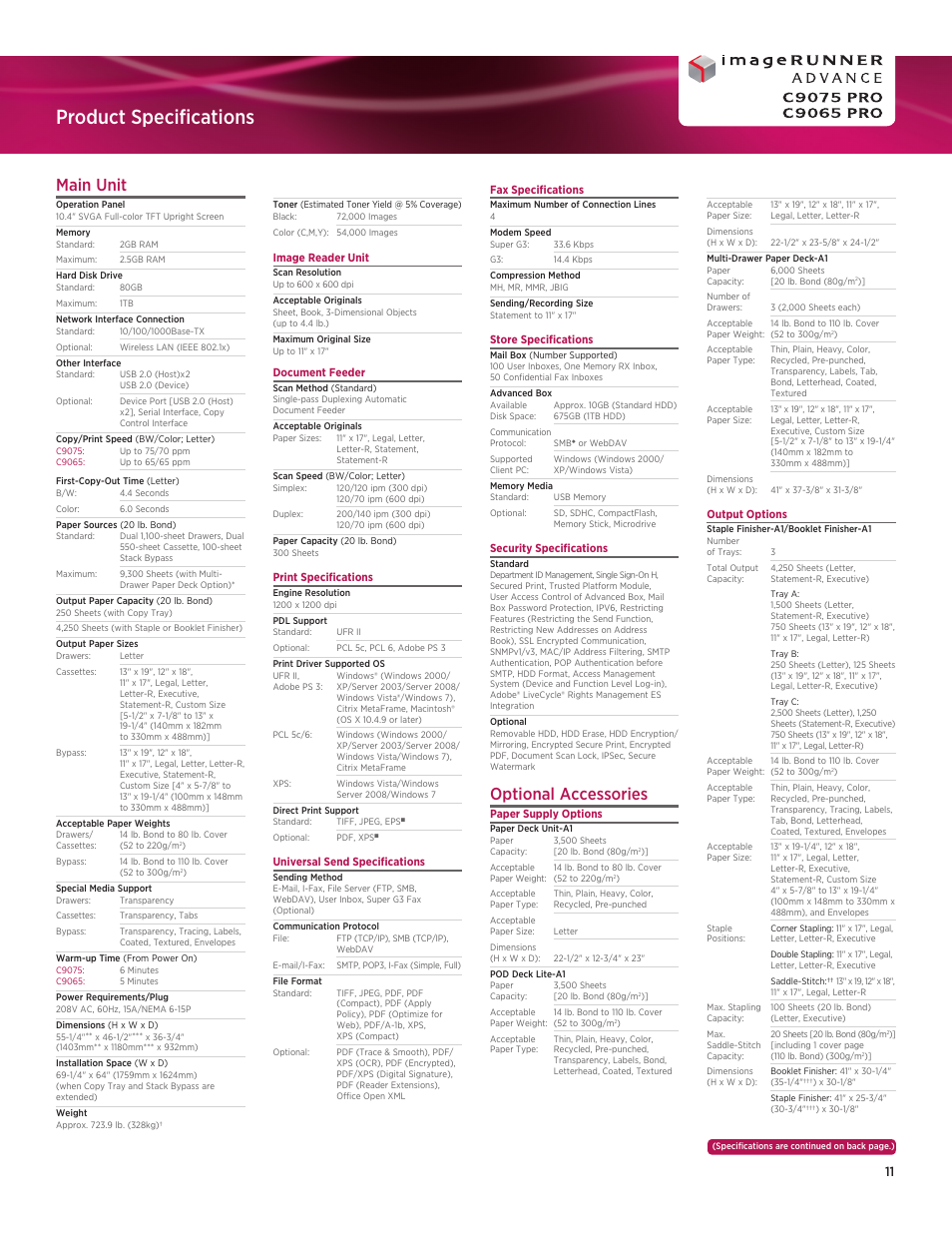 Product specifications, Main unit, Optional accessories | Canon IMAGE RUNNER C9075 PRO User Manual | Page 11 / 12