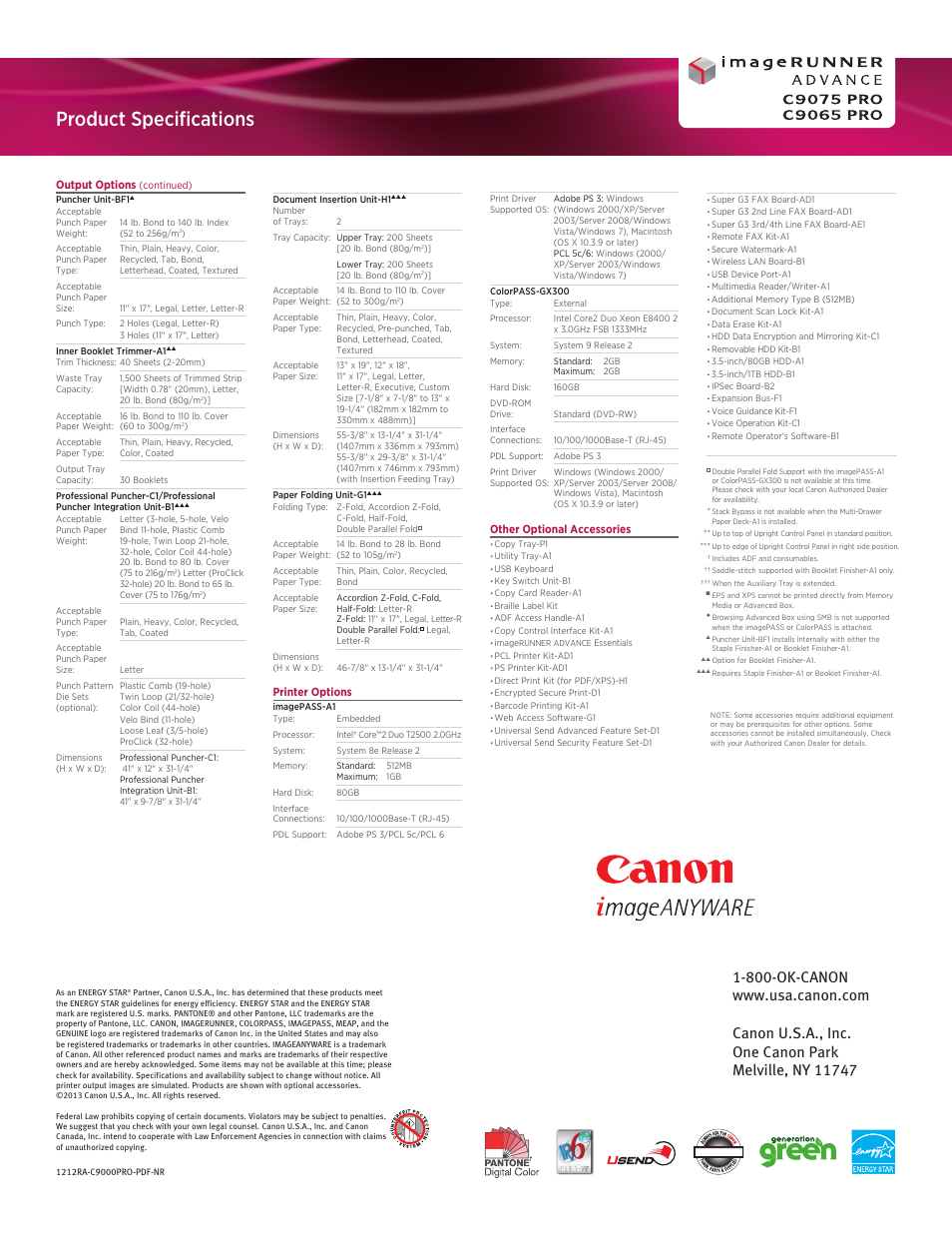 Product specifications | Canon IMAGE RUNNER C9075 PRO User Manual | Page 12 / 12