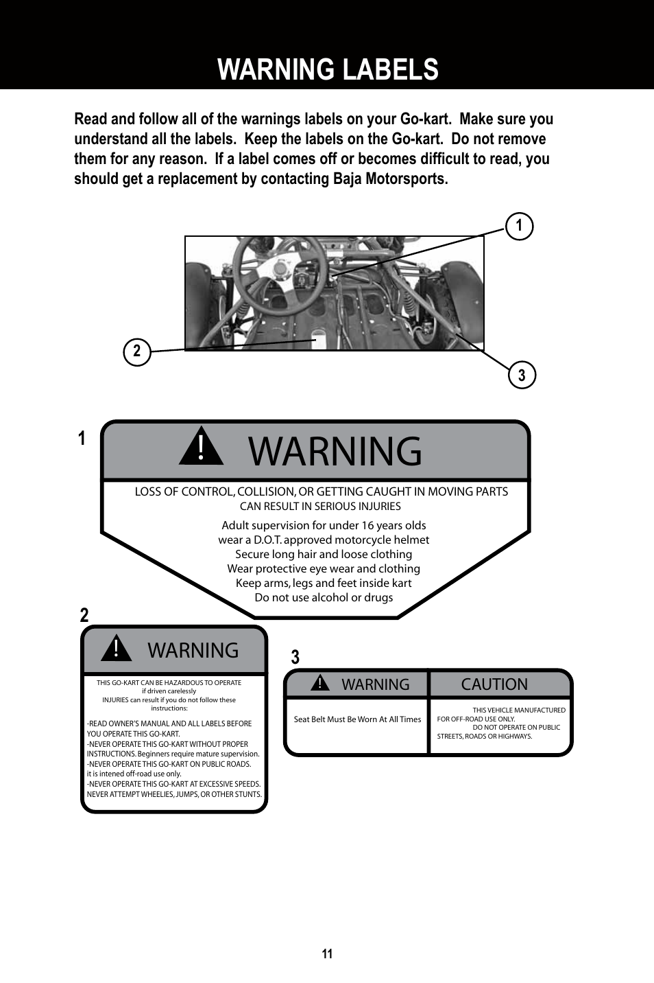 Warning labels, Warning, Caution | Baja Motorsports BR250 User Manual | Page 14 / 55