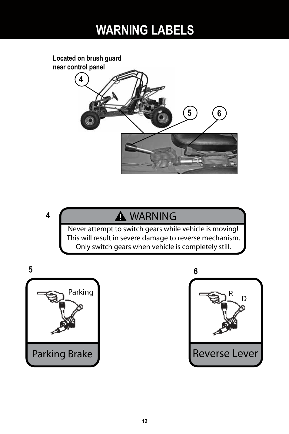 Warning labels, Warning, Reverse lever | Parking brake | Baja Motorsports BR250 User Manual | Page 15 / 55