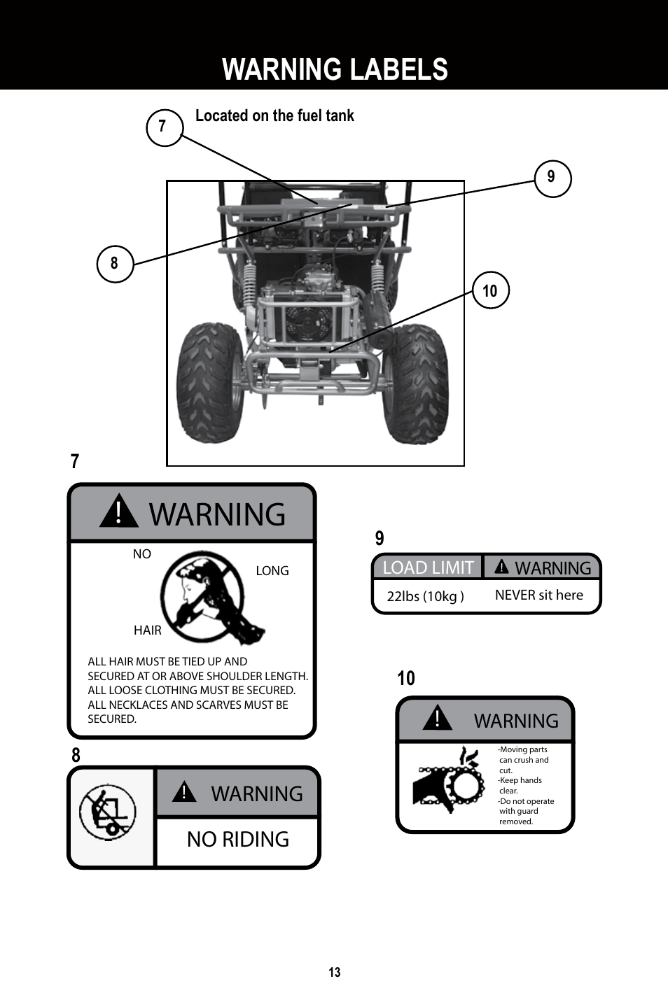 Warning, Warning labels, No riding | Baja Motorsports BR250 User Manual | Page 16 / 55