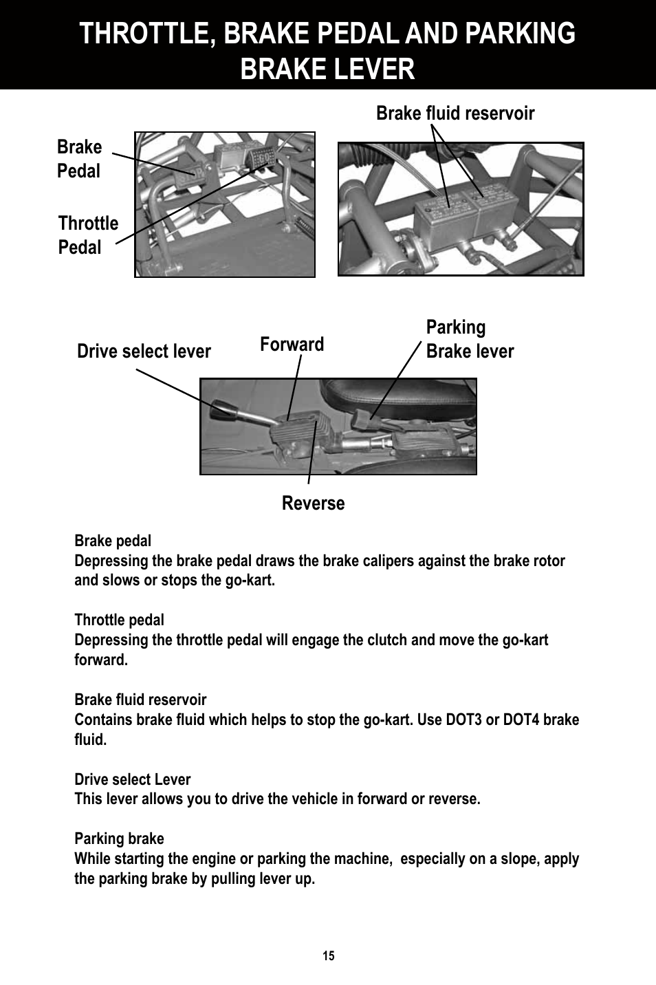 Throttle, brake pedal and parking brake lever | Baja Motorsports BR250 User Manual | Page 18 / 55