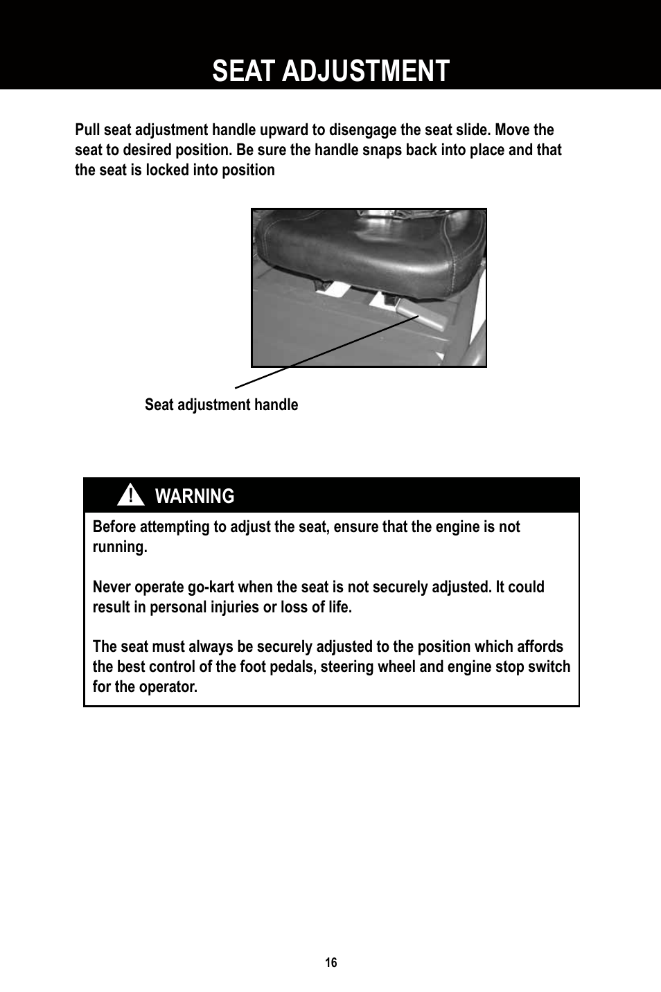 Seat adjustment | Baja Motorsports BR250 User Manual | Page 19 / 55