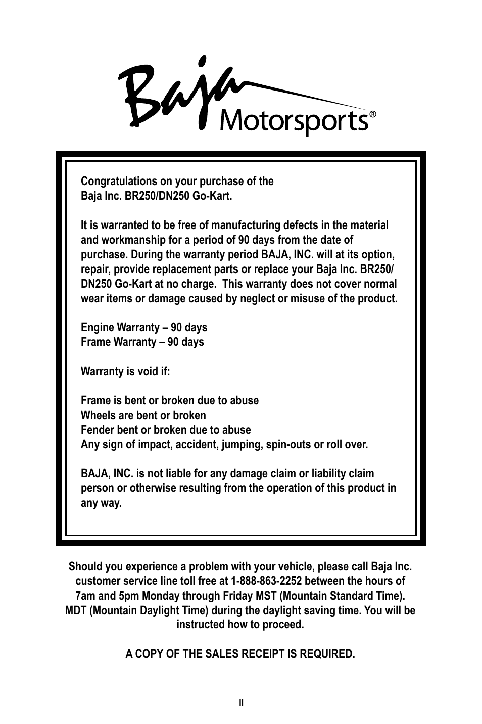 Baja Motorsports BR250 User Manual | Page 2 / 55