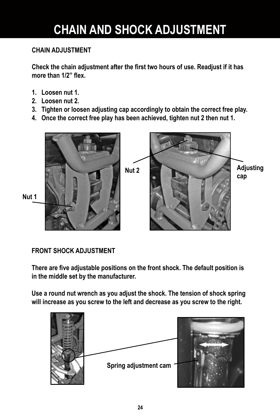 Chain and shock adjustment | Baja Motorsports BR250 User Manual | Page 27 / 55