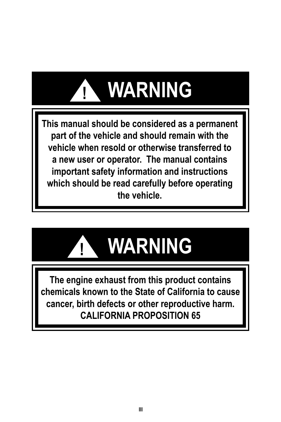 Warning | Baja Motorsports BR250 User Manual | Page 3 / 55