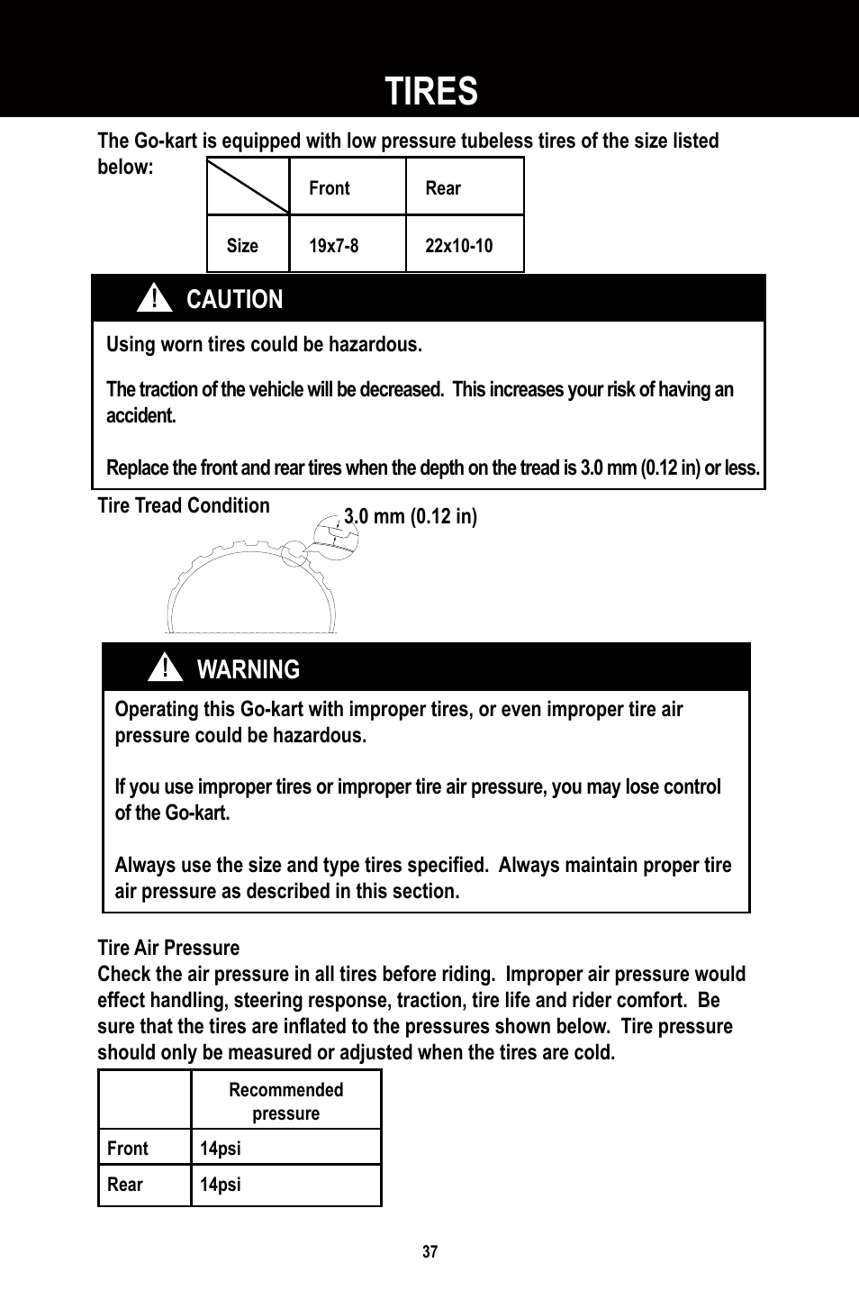 Tires, Caution ! warning | Baja Motorsports BR250 User Manual | Page 40 / 55