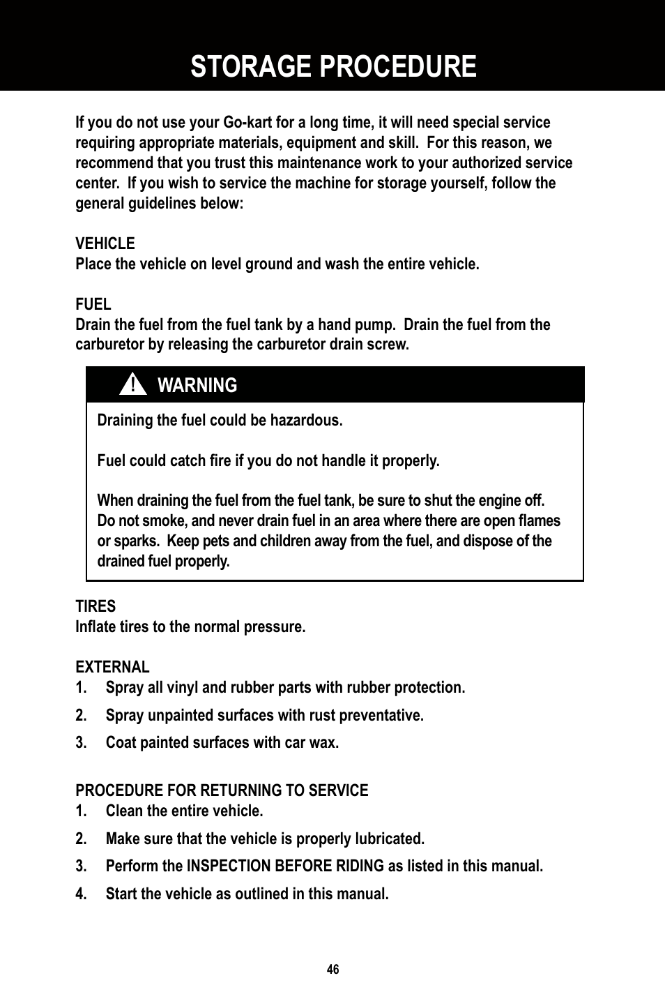 Storage procedure | Baja Motorsports BR250 User Manual | Page 49 / 55