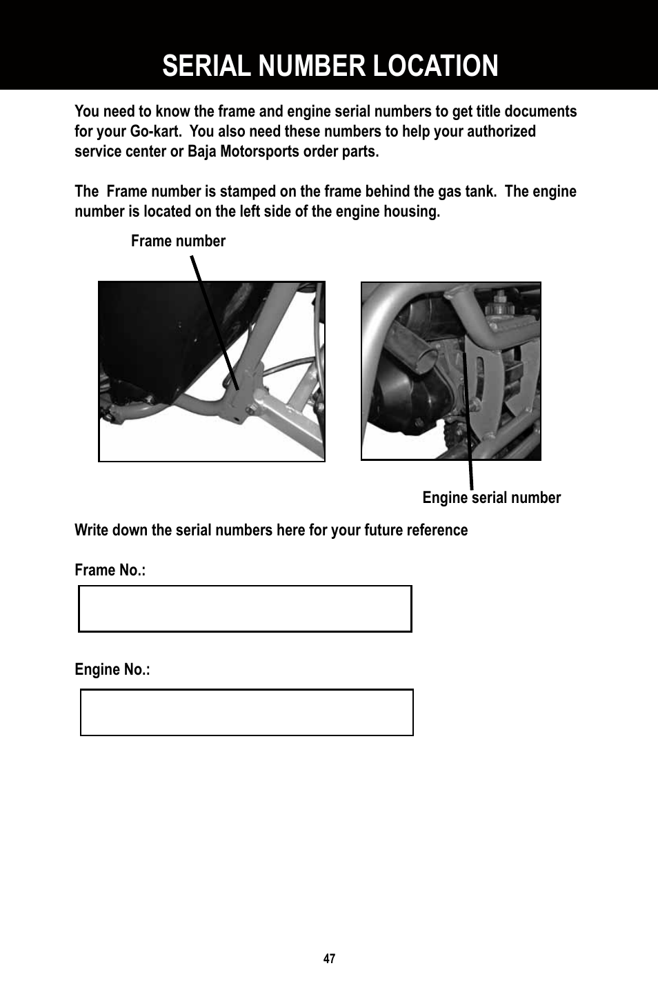 Serial number location | Baja Motorsports BR250 User Manual | Page 50 / 55