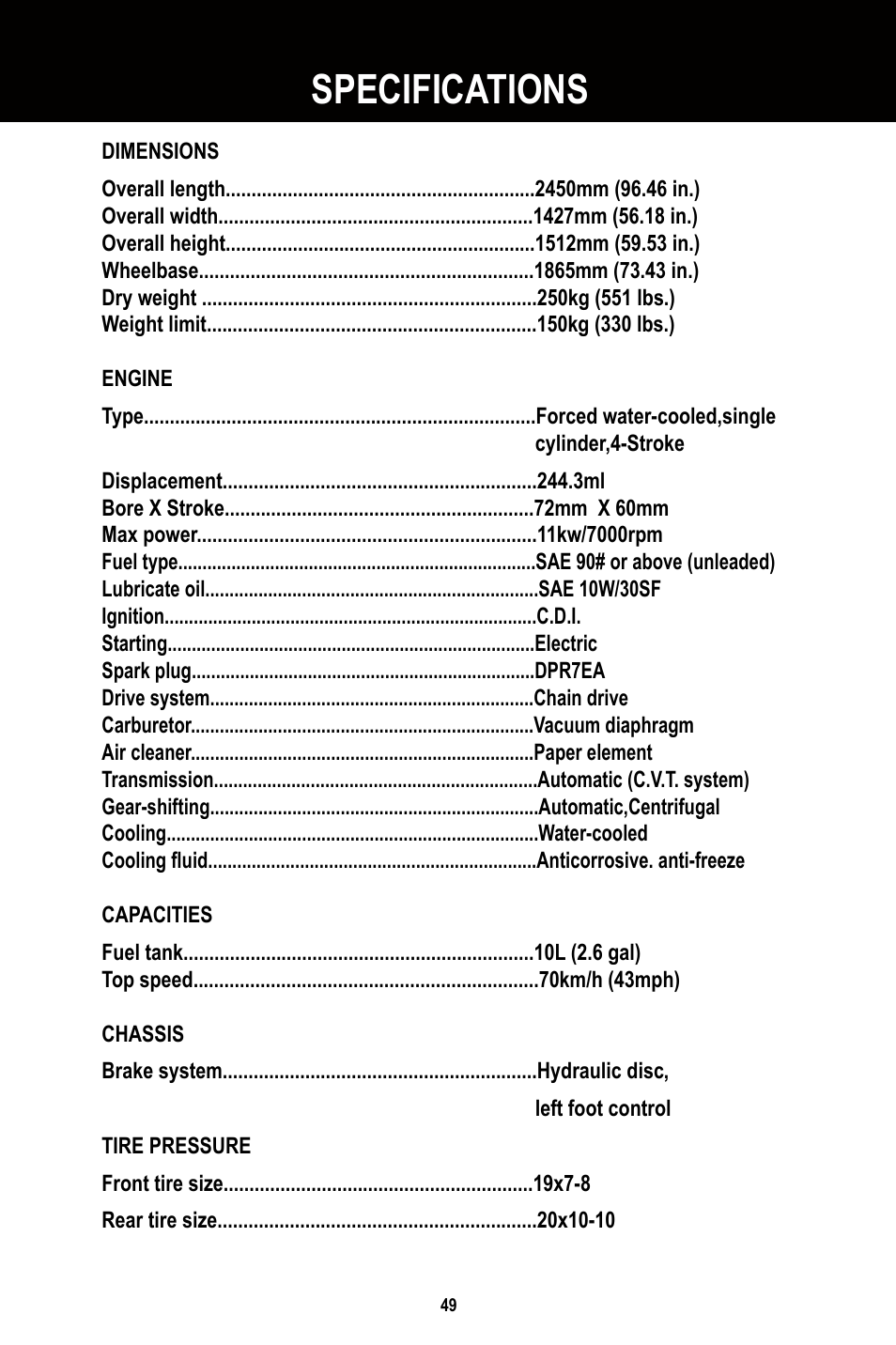 Specifications | Baja Motorsports BR250 User Manual | Page 52 / 55