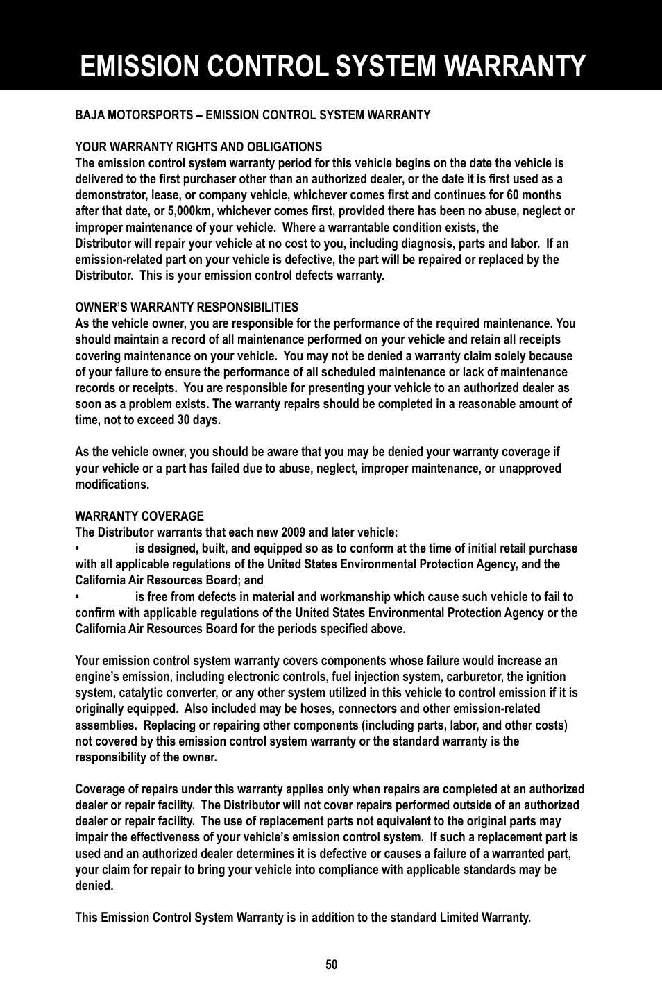 Emission control system warranty | Baja Motorsports BR250 User Manual | Page 53 / 55