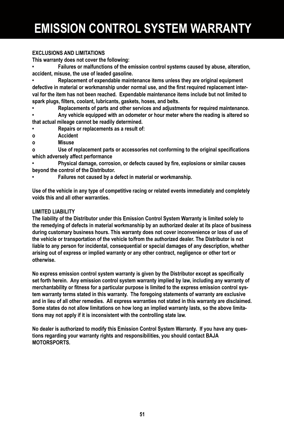 Emission control system warranty | Baja Motorsports BR250 User Manual | Page 54 / 55