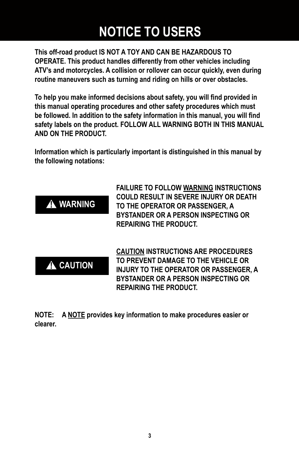 Notice to users, Warning ! caution | Baja Motorsports BR250 User Manual | Page 6 / 55