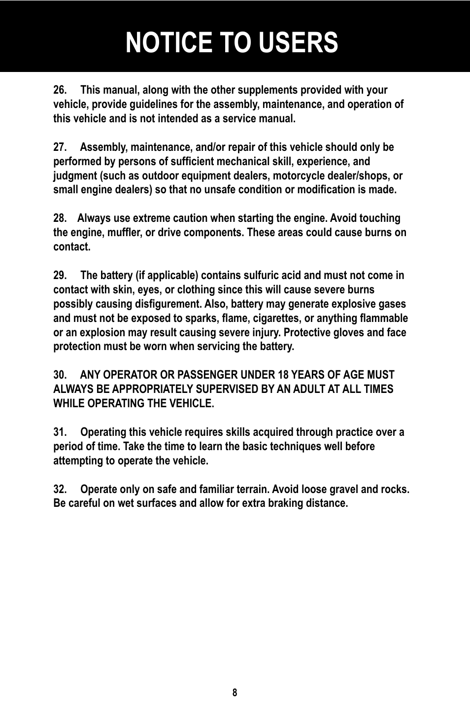 Notice to users | Baja Motorsports BR150-1 Operator's Manual User Manual | Page 11 / 55