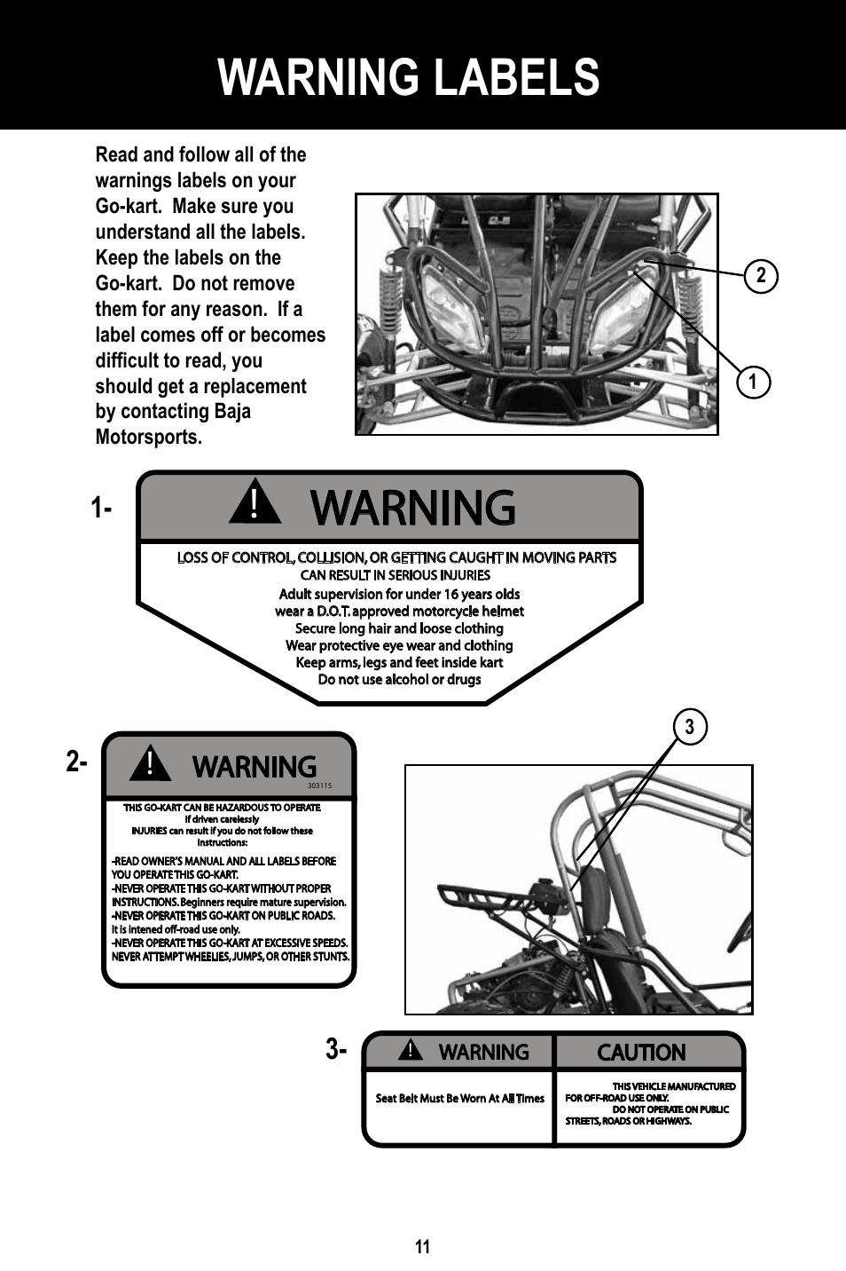 Warning labels, Warning | Baja Motorsports BR150-1 Operator's Manual User Manual | Page 14 / 55