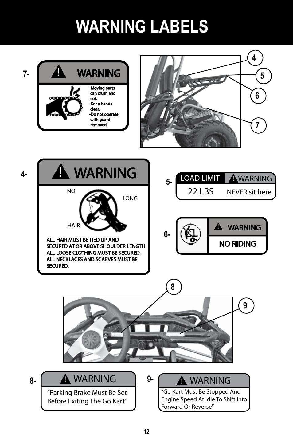 Warning labels, Warning | Baja Motorsports BR150-1 Operator's Manual User Manual | Page 15 / 55