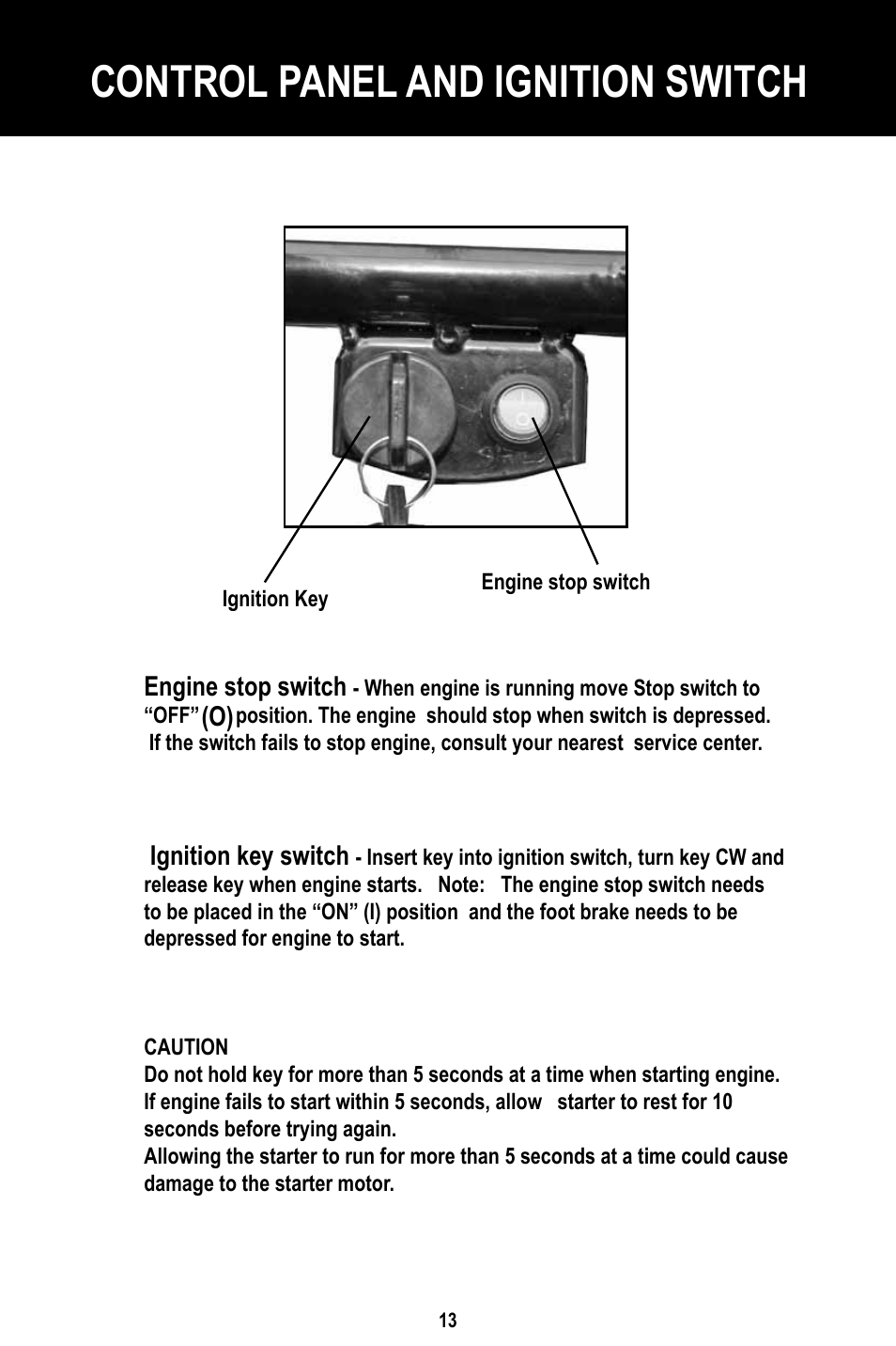 Control panel and ignition switch | Baja Motorsports BR150-1 Operator's Manual User Manual | Page 16 / 55