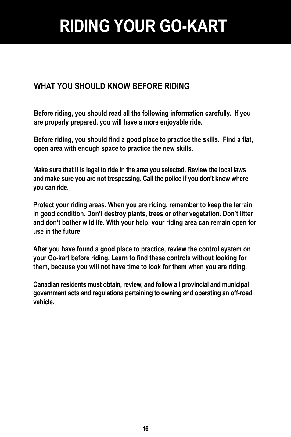 Riding your go-kart | Baja Motorsports BR150-1 Operator's Manual User Manual | Page 19 / 55