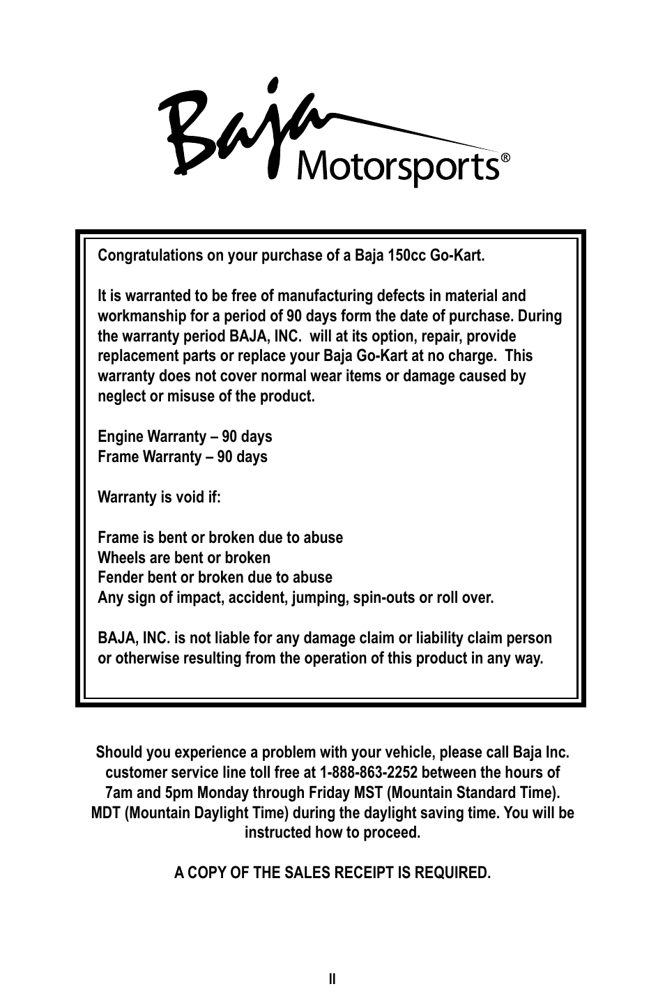 Baja Motorsports BR150-1 Operator's Manual User Manual | Page 2 / 55