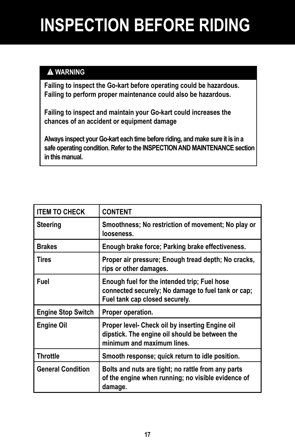 Inspection before riding | Baja Motorsports BR150-1 Operator's Manual User Manual | Page 20 / 55