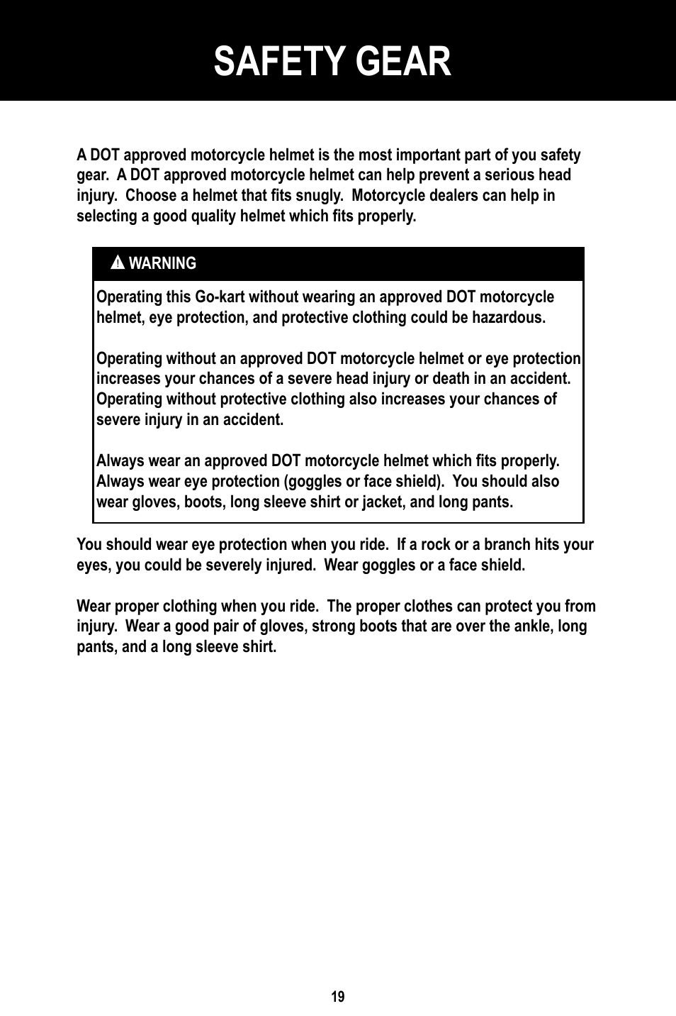 Safety gear | Baja Motorsports BR150-1 Operator's Manual User Manual | Page 22 / 55