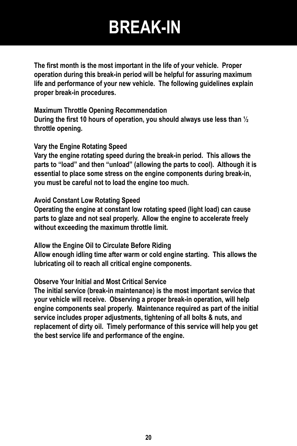 Break-in | Baja Motorsports BR150-1 Operator's Manual User Manual | Page 23 / 55