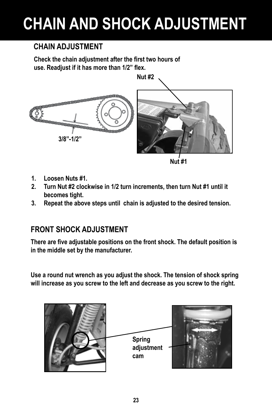 Chain and shock adjustment | Baja Motorsports BR150-1 Operator's Manual User Manual | Page 26 / 55