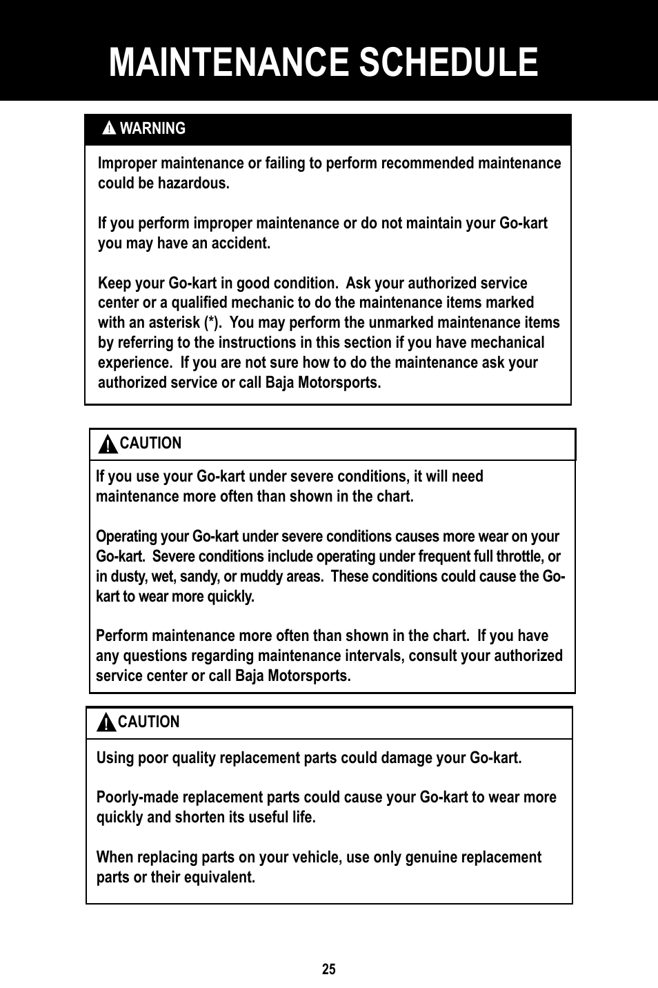 Maintenance schedule | Baja Motorsports BR150-1 Operator's Manual User Manual | Page 28 / 55