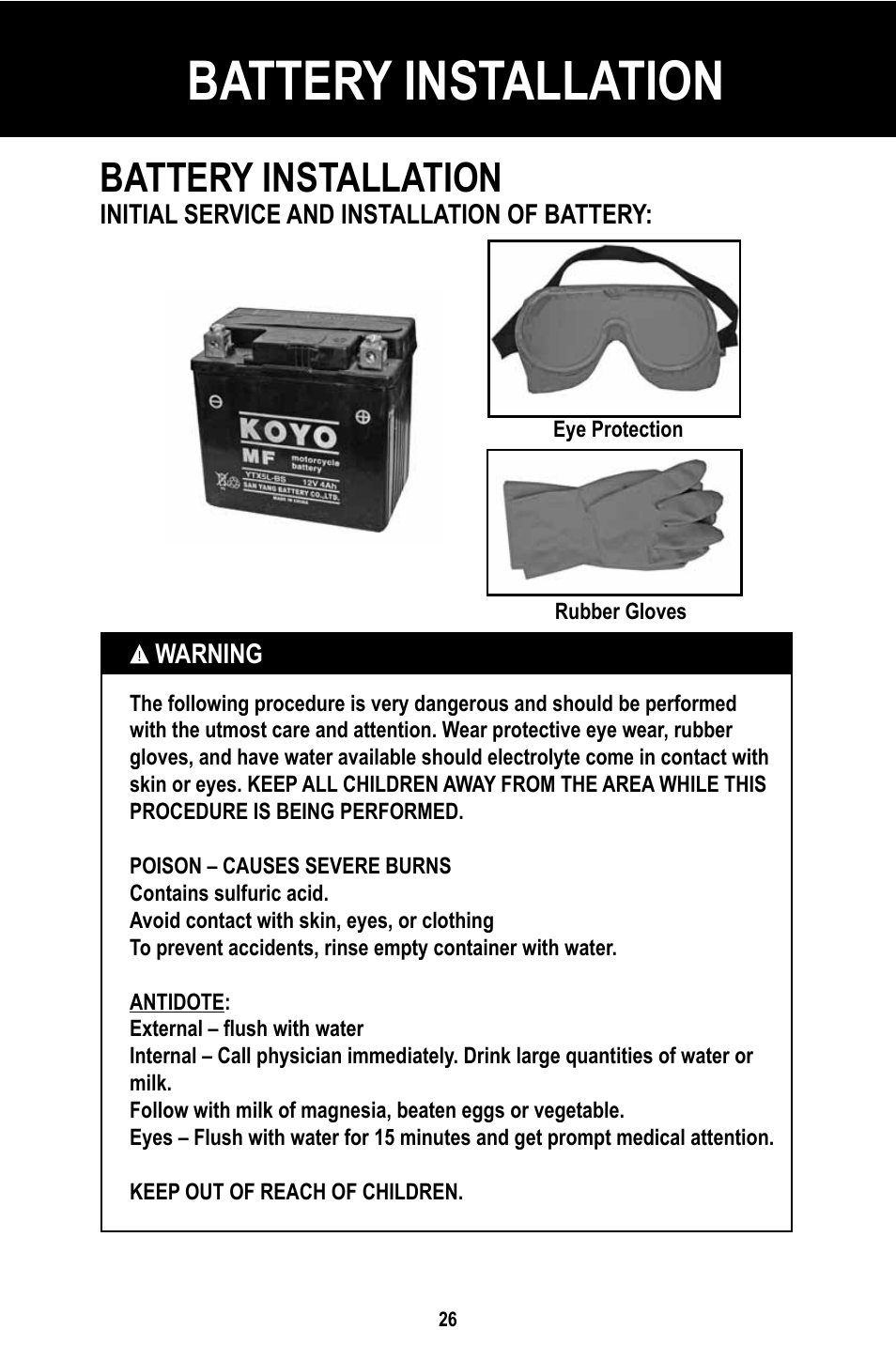 Battery installation | Baja Motorsports BR150-1 Operator's Manual User Manual | Page 29 / 55
