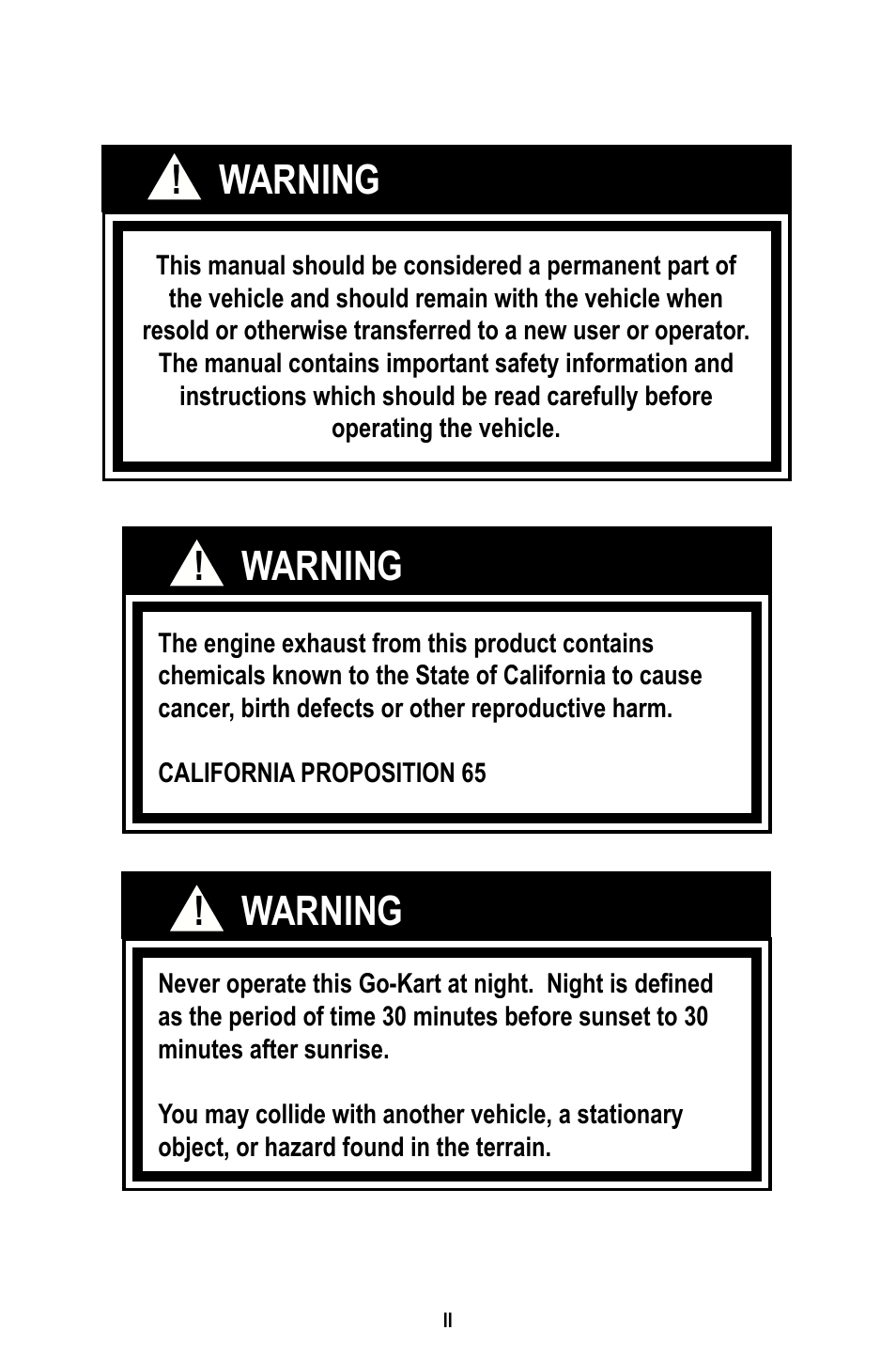 Warning ! warning, Warning | Baja Motorsports BR150-1 Operator's Manual User Manual | Page 3 / 55