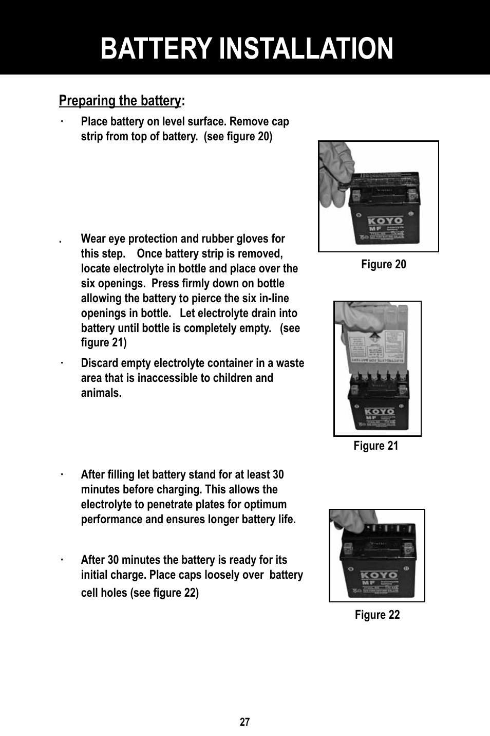 Battery installation | Baja Motorsports BR150-1 Operator's Manual User Manual | Page 30 / 55