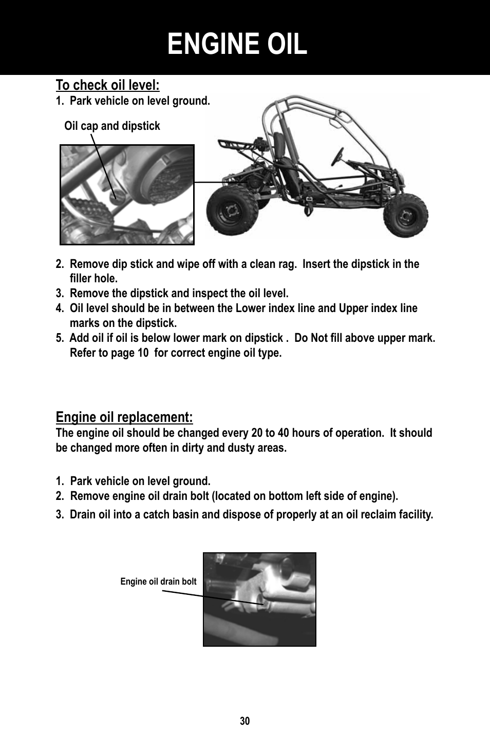 Engine oil | Baja Motorsports BR150-1 Operator's Manual User Manual | Page 33 / 55