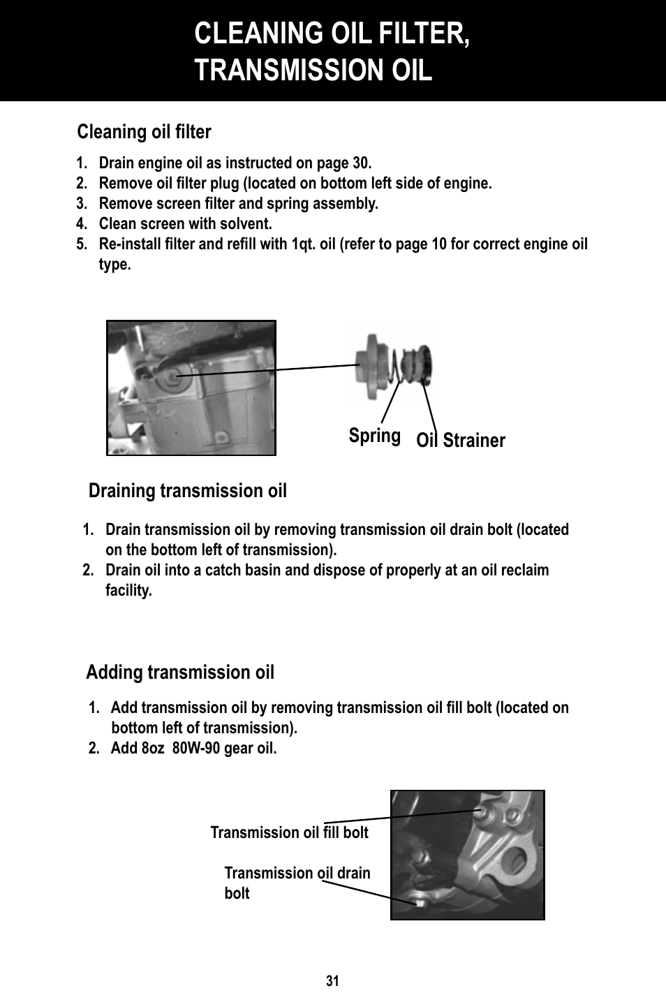 Cleaning oil filter, transmission oil | Baja Motorsports BR150-1 Operator's Manual User Manual | Page 34 / 55