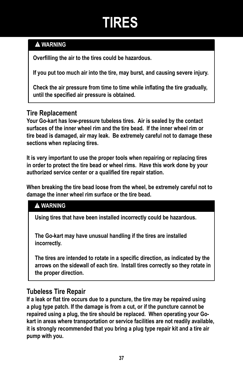 Tires | Baja Motorsports BR150-1 Operator's Manual User Manual | Page 40 / 55