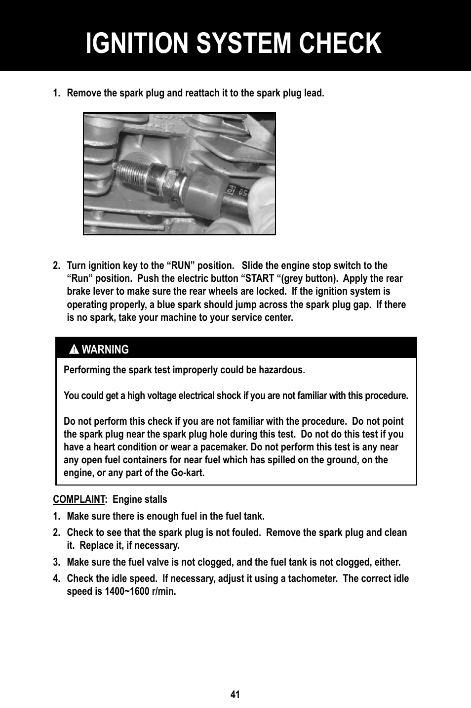 Ignition system check | Baja Motorsports BR150-1 Operator's Manual User Manual | Page 44 / 55