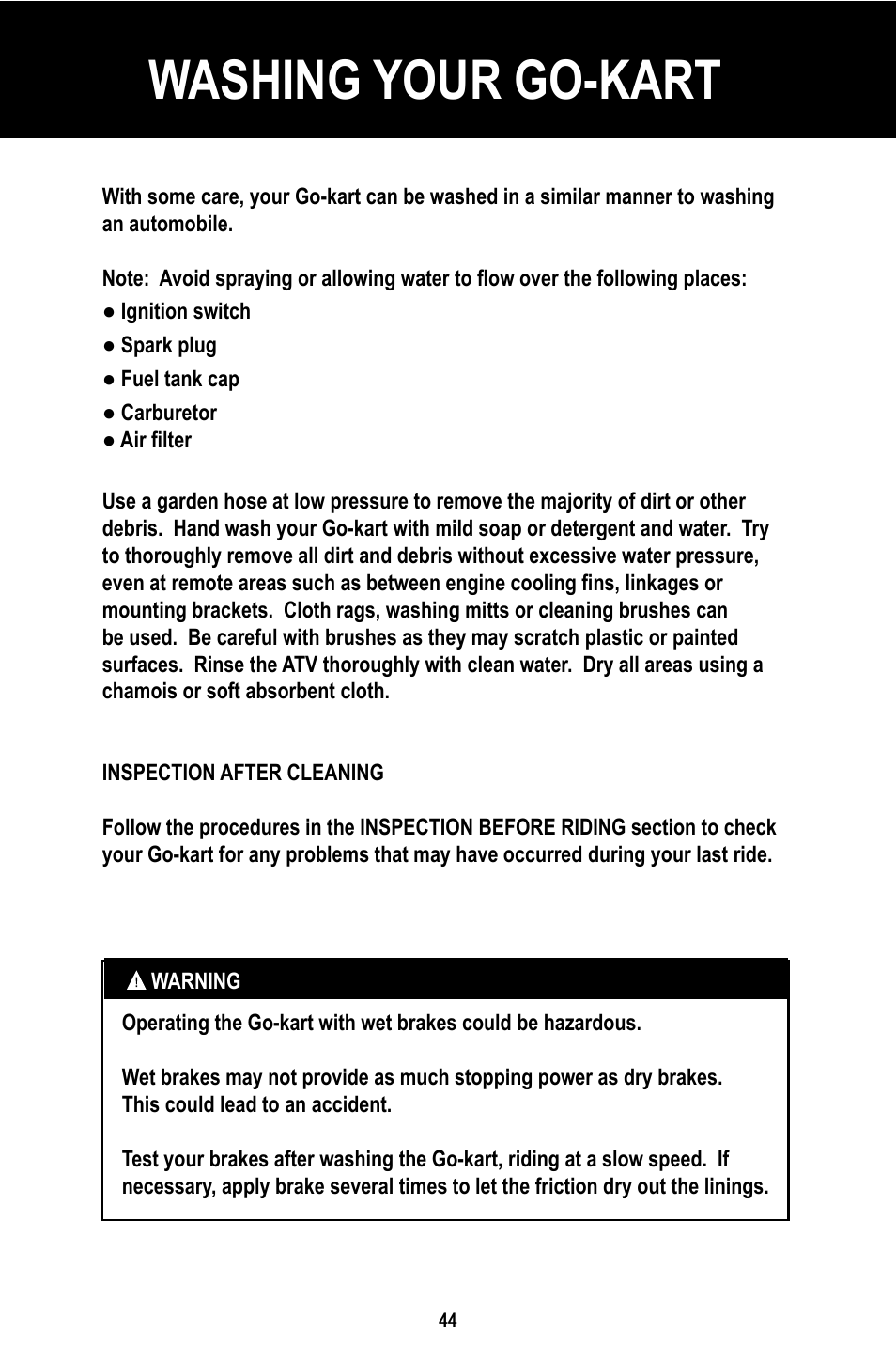 Washing your go-kart | Baja Motorsports BR150-1 Operator's Manual User Manual | Page 47 / 55