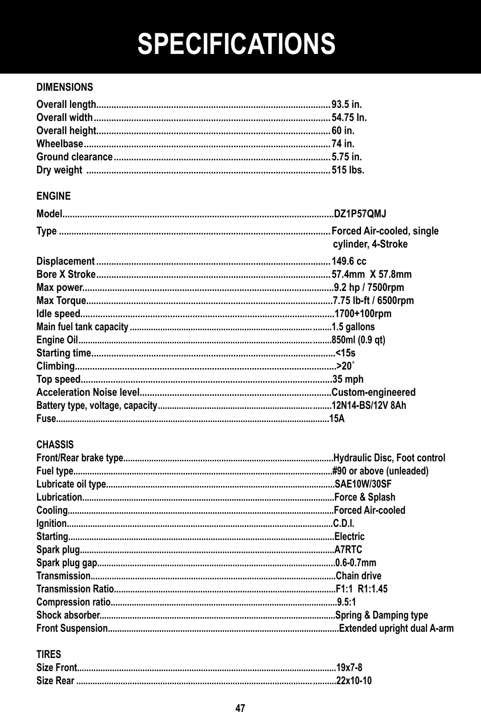 Specifications | Baja Motorsports BR150-1 Operator's Manual User Manual | Page 50 / 55