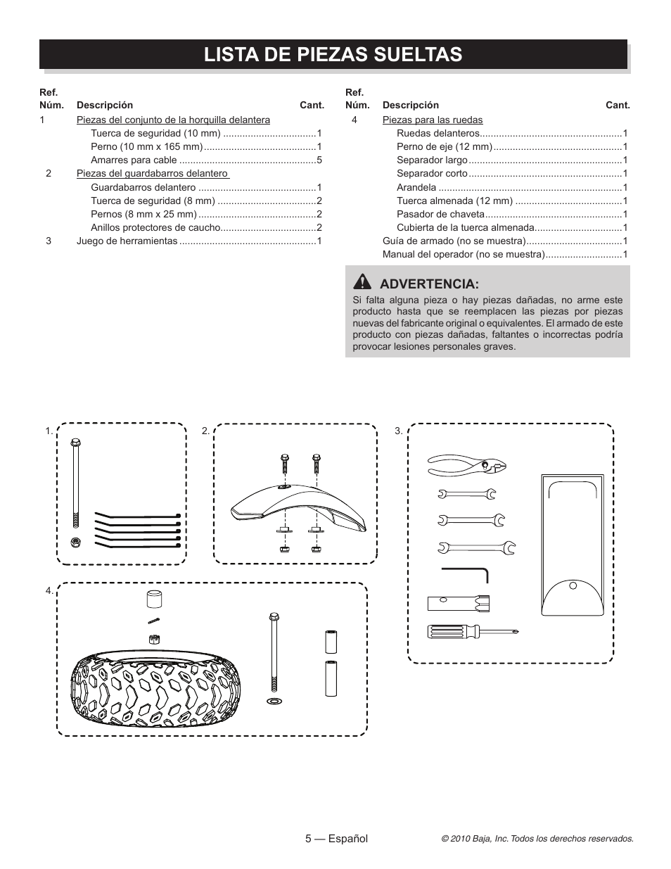 Lista de piezas sueltas, Advertencia | Baja Motorsports DB30 Assembly Guide User Manual | Page 14 / 20