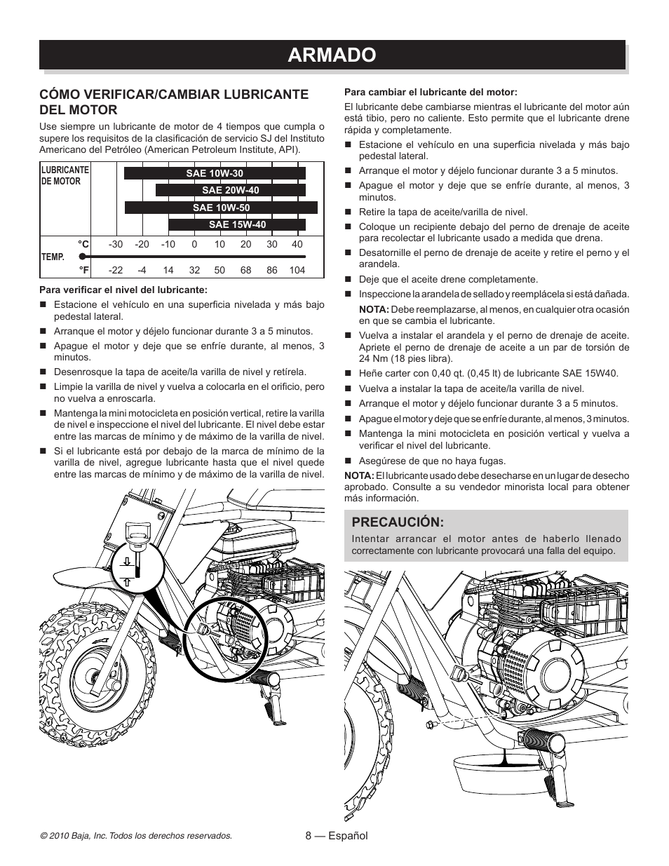 Armado, Cómo verificar/cambiar lubricante del motor, Precaución | Baja Motorsports DB30 Assembly Guide User Manual | Page 17 / 20