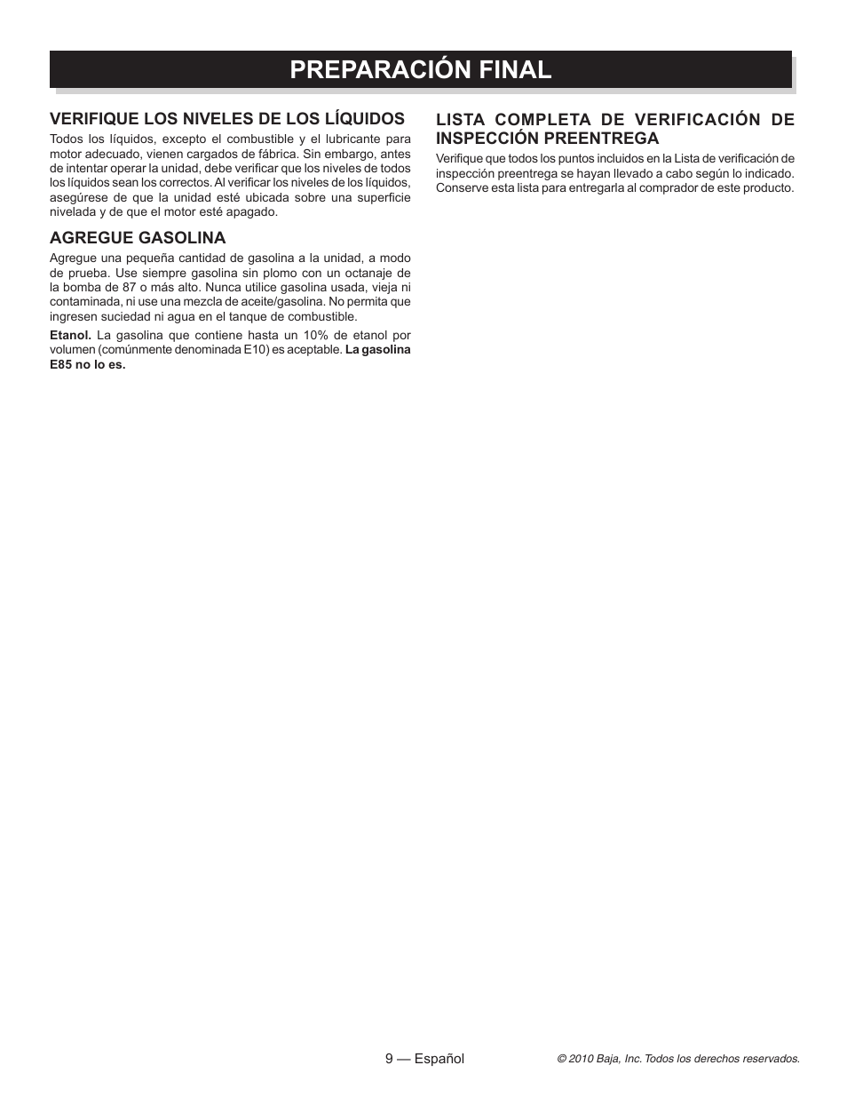 Preparación final | Baja Motorsports DB30 Assembly Guide User Manual | Page 18 / 20