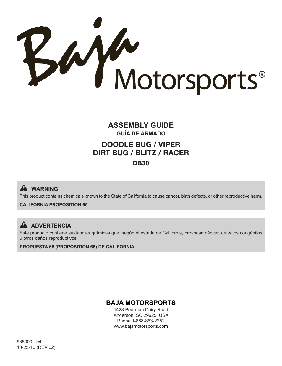 Assembly guide, Doodle bug / viper dirt bug / blitz / racer | Baja Motorsports DB30 Assembly Guide User Manual | Page 20 / 20