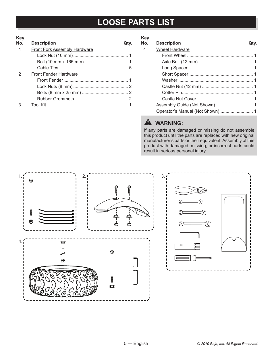 Loose parts list | Baja Motorsports DB30 Assembly Guide User Manual | Page 5 / 20