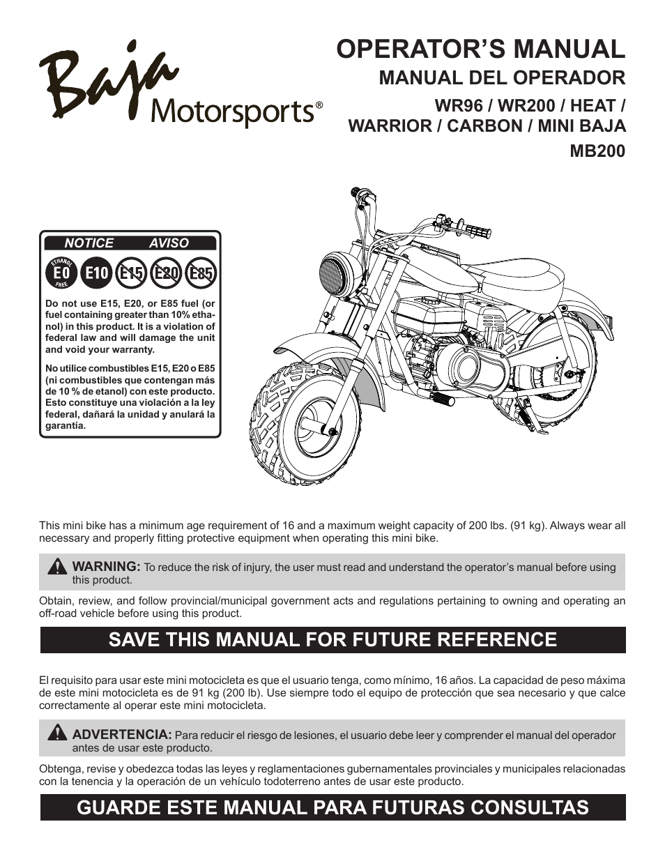 Baja Motorsports MB200 Operator's Manual User Manual | 44 pages