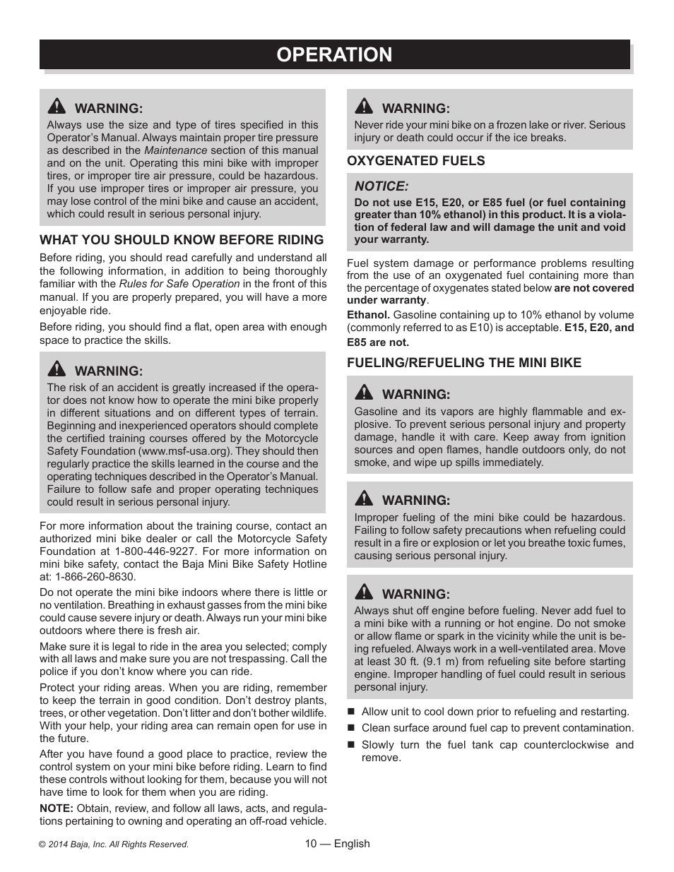 Operation | Baja Motorsports MB200 Operator's Manual User Manual | Page 10 / 44