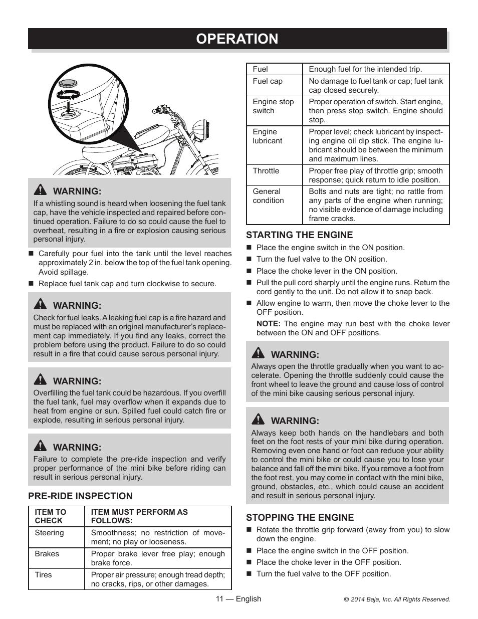 Operation | Baja Motorsports MB200 Operator's Manual User Manual | Page 11 / 44
