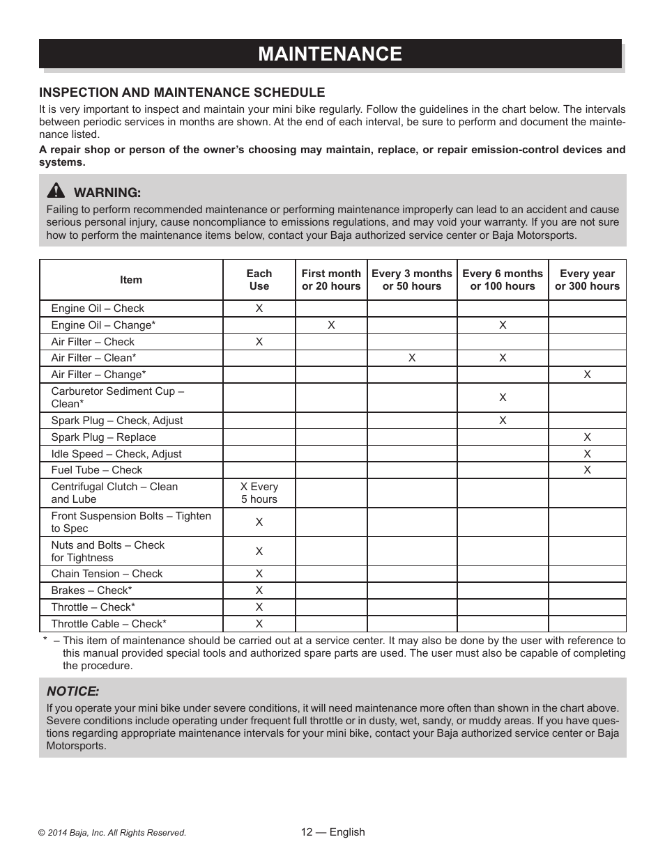 Maintenance | Baja Motorsports MB200 Operator's Manual User Manual | Page 12 / 44